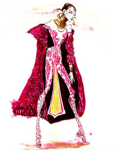 Model wearing a catsuit and fur coat by Neale Osborne